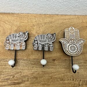 Bohemian Elephant and Hamsa Wall Hooks Set of 3